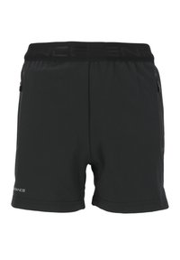 Zwarte sportshorts van lichtgewicht stof, met een brede elastische tailleband en ritssluitingen aan de zijkanten.