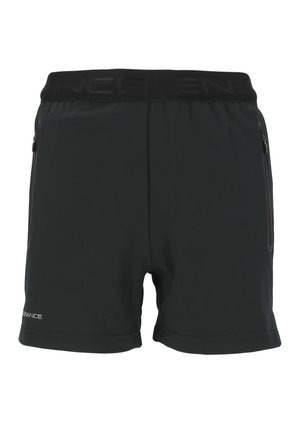 Svarta träningsshorts i lättviktsmaterial, med en bred elastisk midjeband och blixtlåsfickor på sidorna.