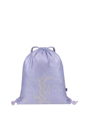 Light purple drawstring backpack with thin white abstract lines and vertical beige script text on front, cinched closed at top.