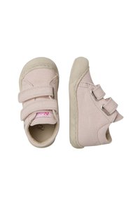 Light pink canvas shoes with two Velcro straps, rounded toe, and rubber sole. Features stitching and small logo on the tongue.