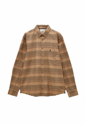 Langärmliges, knöpfbares Hemd in Beige mit karierter Musterung, das schwarze, braune und rote Linien aufweist. Es hat eine Brusttasche und einen Kragen.