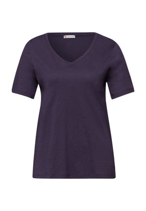 Camiseta de mujer morada oscura de manga corta y escote en V con un corte holgado, confeccionada con una tela suave y ligera.