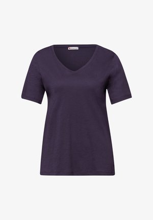 Camiseta de mujer morada oscura de manga corta y escote en V con un corte holgado, confeccionada con una tela suave y ligera.