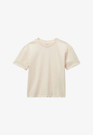 T-shirt en coton beige clair avec un col rond, des manches courtes et une coupe décontractée. Texture lisse avec des détails de couture minimaux.