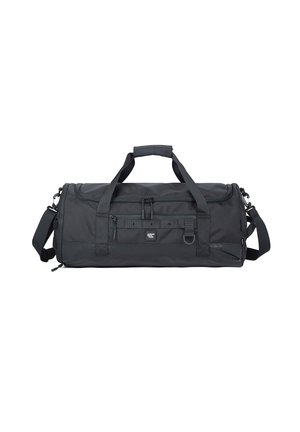 Borsa a tracolla nera realizzata in tessuto resistente, dotata di maniglie duali, una tracolla regolabile e chiusure a cerniera con tasche esterne.