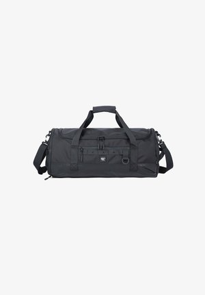 Schwarze Reisetasche aus strapazierfähigem Material, ausgestattet mit zwei Tragegriffen, einem verstellbaren Schultergurt und Reißverschlüssen sowie externen Taschen.