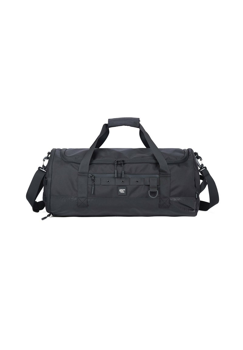 Borsa a tracolla nera realizzata in tessuto resistente, dotata di maniglie duali, una tracolla regolabile e chiusure a cerniera con tasche esterne.