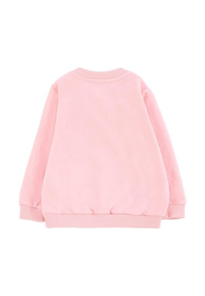 Sweatshirt rose avec un col rond, des poignets et un ourlet côtelés. Texture douce, présentant un design simple sans motifs ni accents.