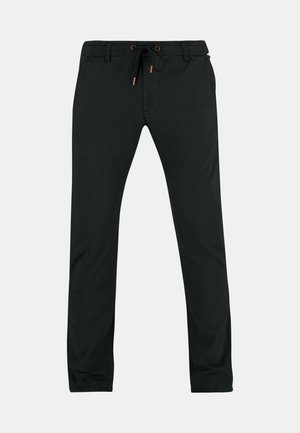 Black slim-fit pants with elastic waistband, front drawstring, belt loops, and side pockets, displayed flat on a light background.