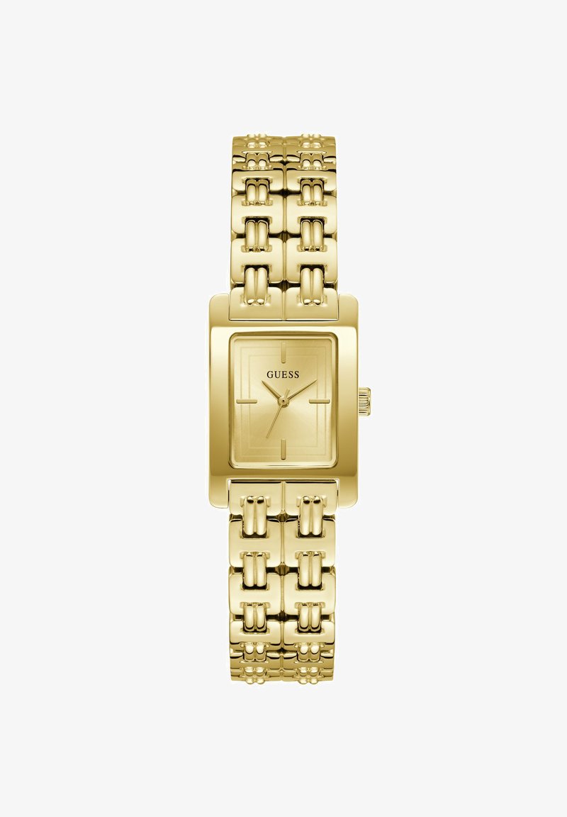 Ρολόι χειρός Guess ορθογώνιο με χρυσή απόχρωση, με συνδεδεμένο μπρασελέ και μινιμαλιστικό καντράν που διαθέτει τέσσερις δείκτες ώρας και τρεις δείκτες.