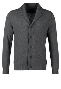 Kolgrå cardigan i texturerad stickad tyg, med sjalkrage, framknappar samt ribbade ärmslut och nederkant.