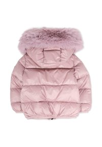 Giacca a vento rosa con cappuccio foderato in morbida pelliccia, design trapuntato e finitura in tessuto lucido. Include dettagli centrali posteriori.