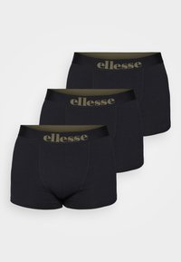 Three pairs of black boxer shorts with a smooth texture, featuring a branded elastic waistband in dark green with gold lettering.