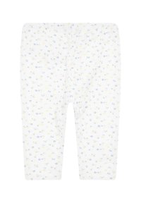 Witte leggings met een bloemmotief van blauwe en gele bloemen, elastische tailleband, zachte stof en enkellange stijl.