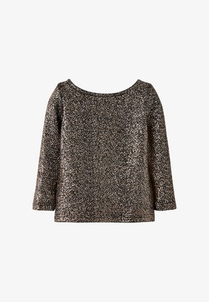 Maglietta a maniche lunghe realizzata in tessuto lucido, con un ampio scollo e una vestibilità comoda. Predominantemente marrone con scintillii argento e oro.