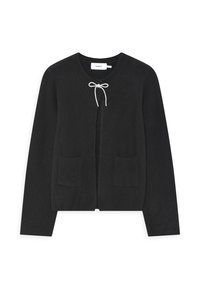 Black ribbed cardigan with a V-neck, front tie closure, and two front pockets. Soft knit fabric with a textured finish.