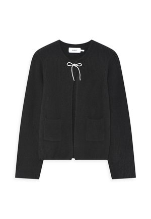Black ribbed cardigan with a V-neck, front tie closure, and two front pockets. Soft knit fabric with a textured finish.