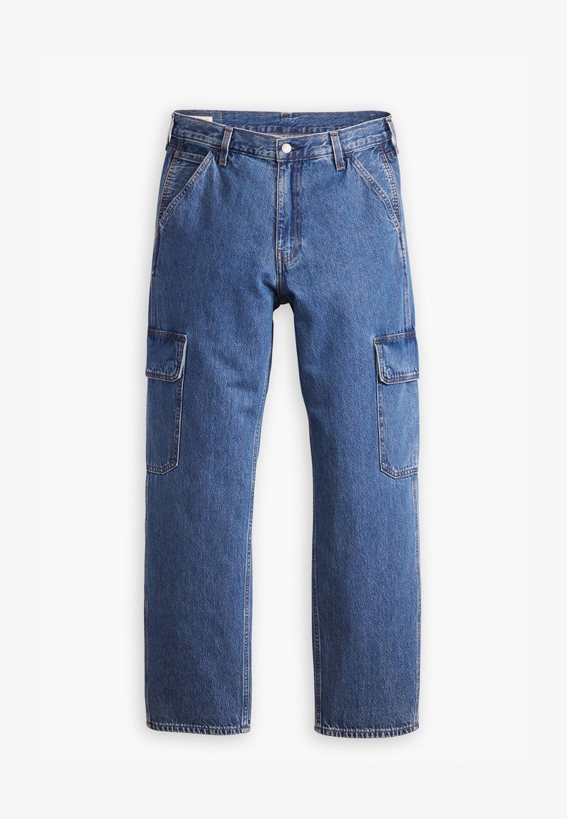 Blauwe denim cargobroek met een rechte pijp, twee zijzakken en zichtbare stikseldetails. Over het algemeen een casual en functionele stijl.