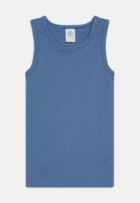 Blå ermeløs tanktop laget av myk bomull, med rund hals og ren søm. Ingen mønstre eller ekstra detaljer til stede.