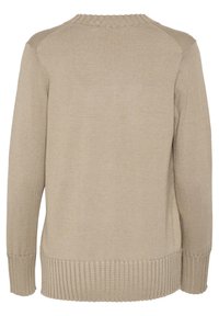 Maglione beige con una texture liscia, orlo e polsini a coste, e scollo rotondo. La vista posteriore mostra un design minimalista e una forma aderente.
