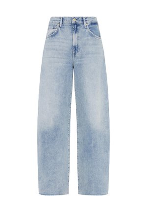 Lyseblå vidde denimjeans med høj talje, frontlommer og en falmet tekstur med et rent, klassisk design.