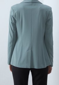 Un blazer bleu clair sur mesure avec une texture lisse, doté d'une fente arrière et d'une silhouette ajustée. Des manches longues complètent le design.