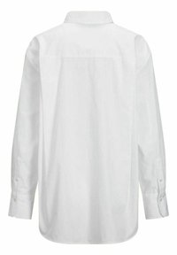 White long-sleeve shirt with a button-down collar, curved hem, and buttoned cuffs. Smooth fabric with a plain texture and no visible patterns.