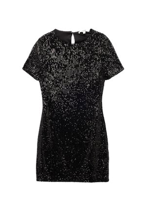 Zwart kort mouwend dress met een textuurdesign en glinsterende sequins, een ronde halslijn en een sleutelgatdetail op de achterkant.