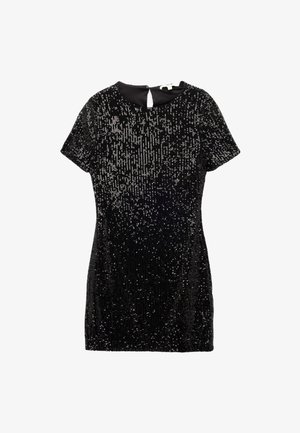 Zwart kort mouwend dress met een textuurdesign en glinsterende sequins, een ronde halslijn en een sleutelgatdetail op de achterkant.