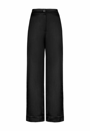Czarne, szerokie spodnie z wysokim stanem, z przodu zapinane na guziki, z mankietami u dołu nogawek, wykonane z gładkiego materiału, bez widocznych kieszeni i wzorów.