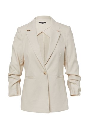 Cream-colored blazer with long sleeves, notched lapels, a single button closure, and two front pockets. Smooth texture and tailored fit.