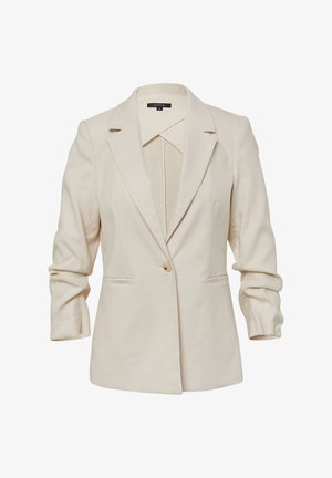 Kurtka w kolorze kremowym z długimi rękawami, klapami w kształcie litery V, pojedynczym zapięciem na guzik oraz dwiema przednimi kieszeniami. Gładka tekstura i dopasowany krój.