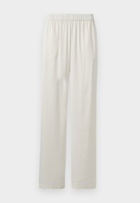 Pantalones de pierna ancha color beige claro con cintura elástica; textura suave y diseño sencillo, sin bolsillos ni adornos.