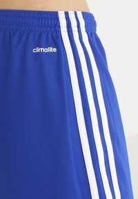 Pantalones cortos deportivos azules hechos de tela transpirable, con tres rayas blancas a lo largo del lado y un pequeño logo "climalite".