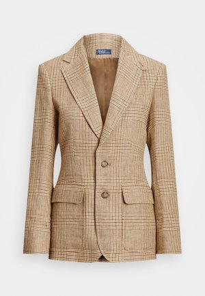 Beige en bruine geruite blazer met notchrevers, twee knopen, klepzakken en een getailleerde pasvorm, getoond op een witte achtergrond.