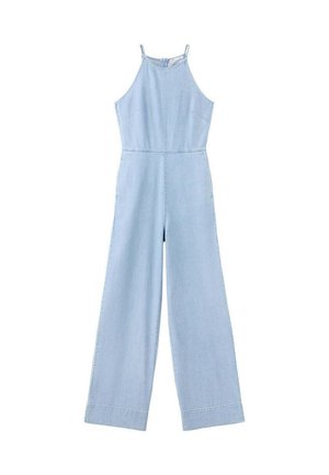 Mono azul claro sin mangas con pantalones anchos, escote halter y cierre de cremallera trasera, hecho de tejido similar a la mezclilla.
