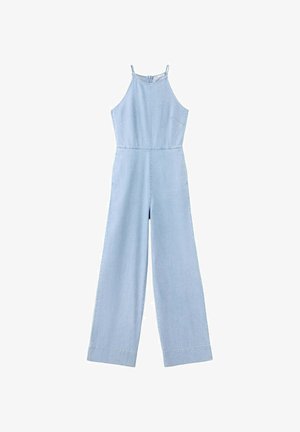 Hellblauer ärmelloser Jumpsuit mit weitem Bein, Neckholder-Ausschnitt und Reißverschluss am Rücken aus jeansähnlichem Stoff.