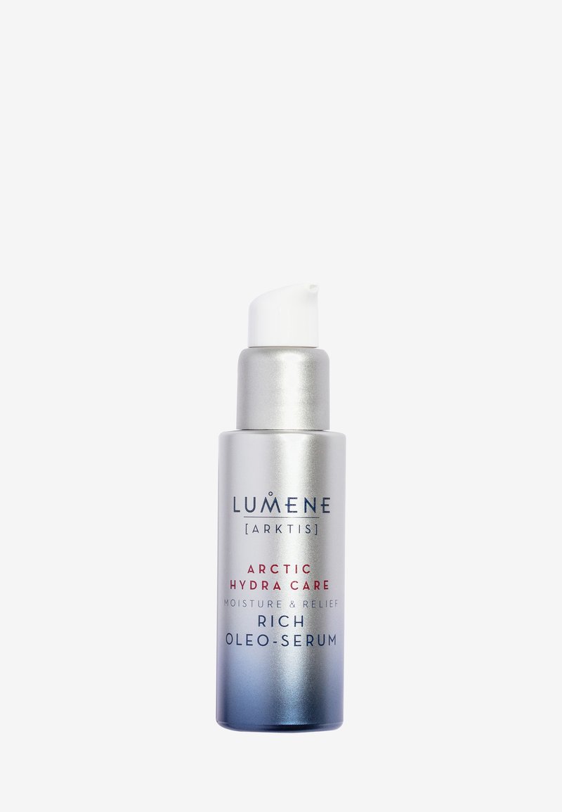 Silver and blue Lumene Arctic Hydra Care Rich Oleo-Serum pump bottle for moisture and relief skincare.