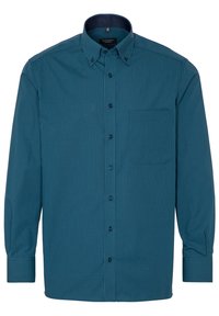 Overhemd met knopen in tealblauw met een klein geruit patroon, lange mouwen, puntige kraag, borstzak en donkere knopen.