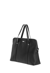 Czarna skórzana torba na ramię z podwójnymi uchwytami, zamknięciem na zamek błyskawiczny i srebrnymi akcentami. Gładka tekstura, prostokątny kształt i minimalistyczny design.