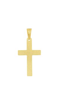Colgante de cruz de metal en tono dorado con una superficie texturizada, que presenta un diseño sencillo y un lazo para colgar. Mide aproximadamente 5 cm de altura.