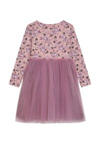 Langärmliges Kleid mit einem rosa Blumenspitze und einem weichen, geschichteten Lavendel-Tüllrock, mit einem runden Ausschnitt und leichtem Stoff.