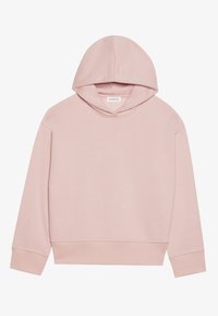 Felpa rosa chiaro in morbido tessuto. Presenta un cappuccio con cordino, maniche lunghe e un orlo cropped con polsini a coste. Design minimalista.