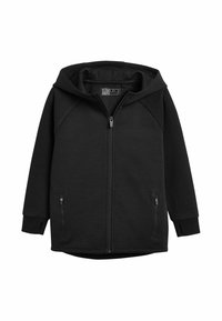 Hoodie noir en tissu doux, avec une fermeture éclair sur le devant, une grande capuche et deux poches latérales zippées. Texture lisse avec un design de manches raglan.