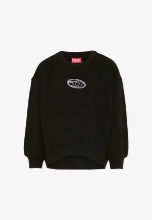 Felpa nera a maniche lunghe con polsini a costine, girocollo, logo ovale bianco ricamato sul petto e etichetta rossa del marchio Diesel all'interno del collo.