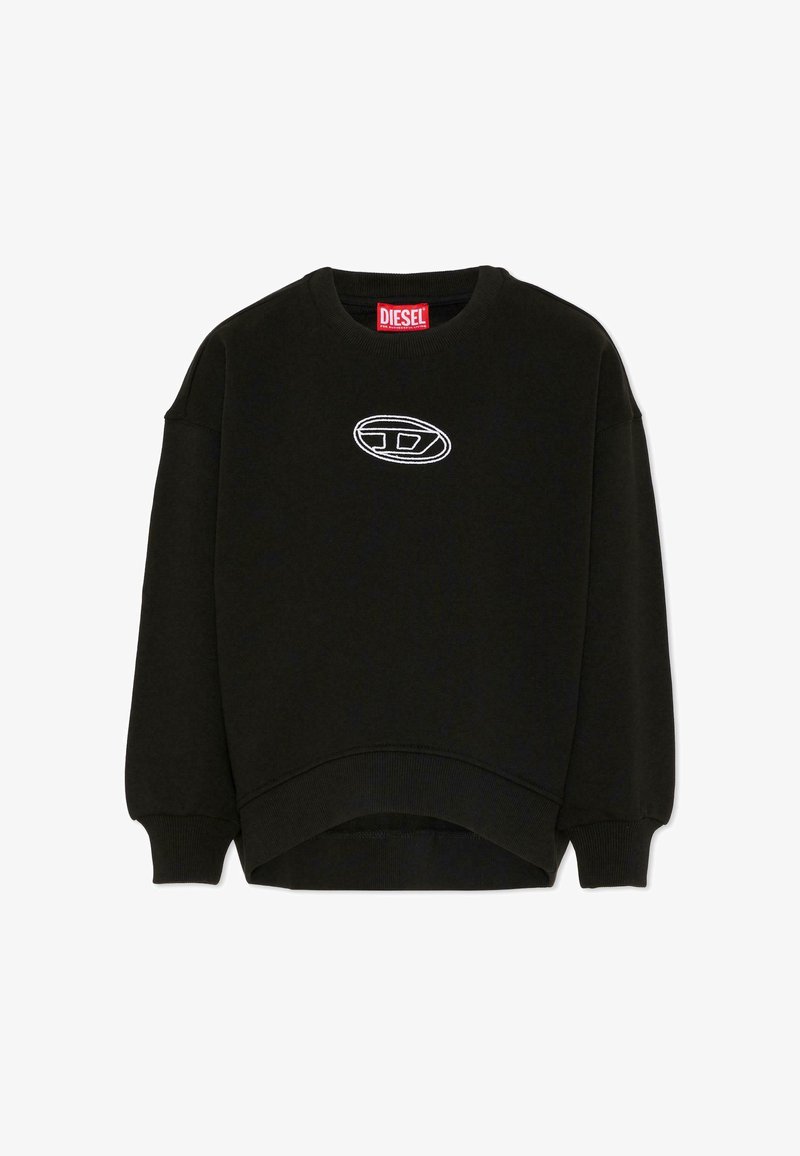 Czarna bluza z długim rękawem, ze ściągaczami na mankietach, okrągłym dekoltem, białym haftowanym owalnym logo na piersi oraz czerwoną metką marki Diesel wewnątrz kołnierza.