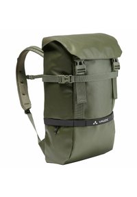 Zaino impermeabile verde con chiusura roll-top, spallacci regolabili e tasca laterale con zip. Realizzato in materiale resistente e con marchio VAUDE.