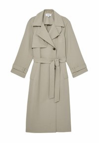 Beige trenchcoat med en stor krage, dubbelknäppt design och ett knytbart midjebälte. Har fickor med klaff och uppvikta ärmar. Slät textur.