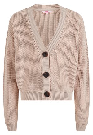 Beige grob gestrickte, kurz geschnittene Strickjacke mit langen Ärmeln, V-Ausschnitt, gerippten Bündchen und Saum sowie drei großen dunklen Knöpfen vorne.