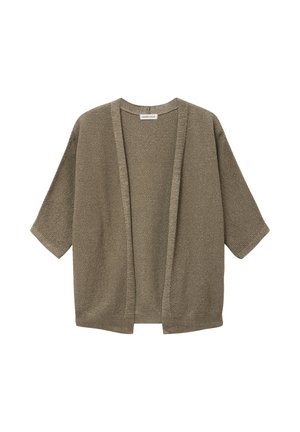 Olivgrüne, strukturierte Strickjacke mit offenem Vorderteil, Dreiviertelärmeln und lockerem Schnitt.